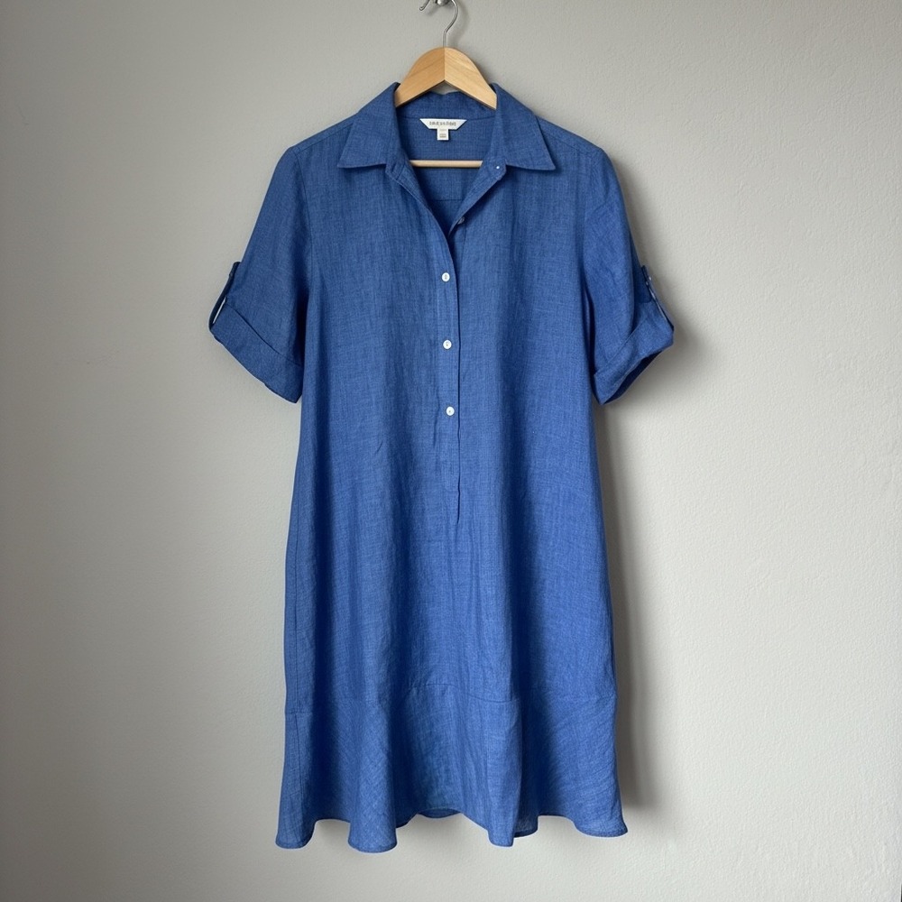 J. McLaughlin Wellesley Solid Denim Point Collar Dress Blue 100% Linen Sz Large